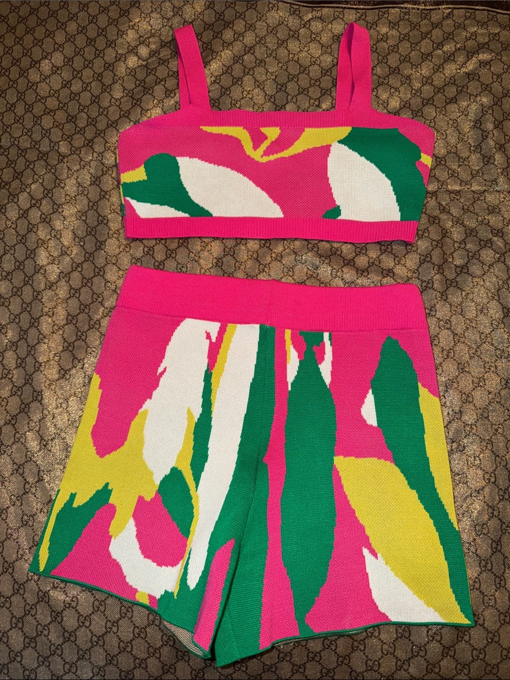 Vibrant Pink Tropical Print Two-Piece Knit Set